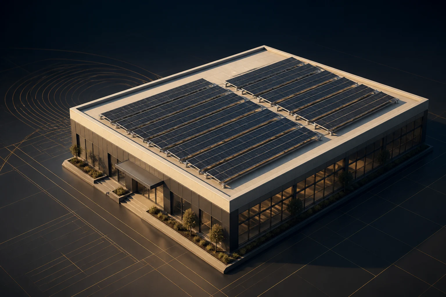 Original conceptual commercial roof model with solar arrays and mounting details; the interactive model loads in this space.