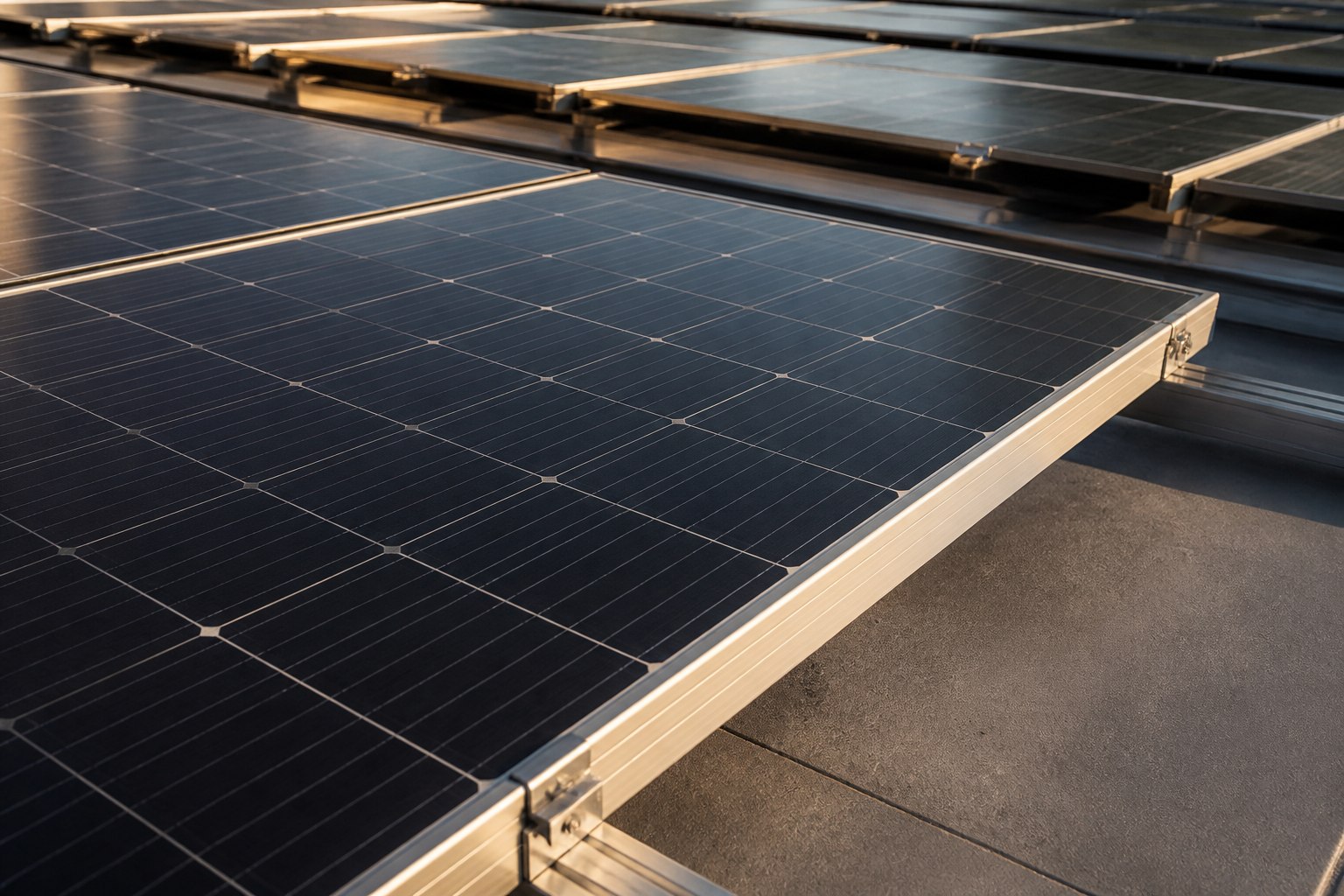 Conceptual close-up of photovoltaic cells, aluminium module frames, and rooftop mounting rails in warm light.
